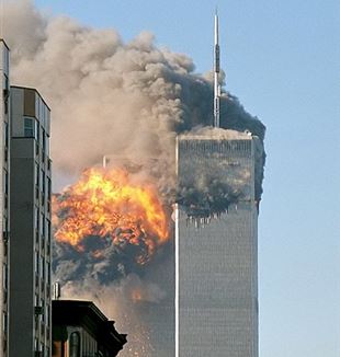 North face south tower after plane strike. Wikimedia Commons