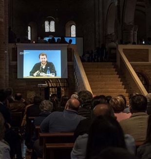 A video by Enzo Piccinini screened in Nonantola Abbey (photo: Maria Beatrice Cattini)